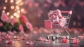 a shopping cart adorned with a pink peripheral gift box, symbolizing the anticipation and love associated with