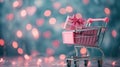a shopping cart adorned with a pink peripheral gift box, symbolizing the anticipation and love associated with