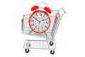Shopping cart with alarm clock. Shopping time concept, 3D rendering Royalty Free Stock Photo