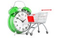 Shopping cart with alarm clock. Shopping time concept, 3D rendering Royalty Free Stock Photo