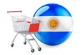 Shopping cart with Argentinean flag. Shopping in Argentina concept. 3D rendering