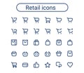 Shopping cart, shopping bag and grocery basket vector icon set. Editable stroke. Webshop small mini line round icons. Royalty Free Stock Photo