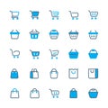 Shopping cart, shopping bag and grocery basket vector outline flat line icons set. Royalty Free Stock Photo