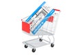 Shopping cart with boarding pass ticket, 3D rendering