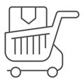 Shopping cart with box thin line icon. Purchase in market trolley vector illustration isolated on white. Shopping Royalty Free Stock Photo