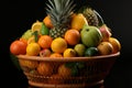 A shopping cart brimming with oranges, bananas, pineapple, and apples