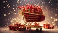 Crowded cart with red gift boxes, gilded ribbons, perfect photo for promotions, discounts and gifts