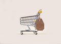 Shopping cart with brown paper price tag. The concept of the holiday Return Shopping Carts to the Supermarket Month.