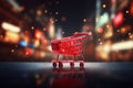 Shopping cart in a busy mall with blurred background, ideal for retail and shopping concepts Royalty Free Stock Photo