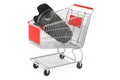 Shopping cart with camera lens. 3D rendering Royalty Free Stock Photo