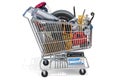 Shopping cart with car parts, 3D rendering