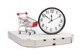 Shopping cart, clock and pizza box on white. Delivery intime