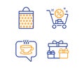 Shopping cart, Coffee and Shopping bag icons set. Surprise boxes sign. Discount, Cafe, Paper package. Vector