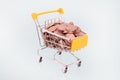 Shopping cart with coins on light background.Mini trolley filled with specie.Selective focus.Concept of retail business,financial Royalty Free Stock Photo