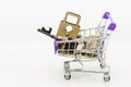 Shopping cart with coins and master key for retail business. Image use for online and offline shopping, marketing place