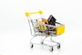 Shopping cart with coins for retail business. Image use for online and offline shopping, marketing place world wide, business