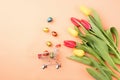 Shopping cart with colorful bouquet of tulips on orange background Royalty Free Stock Photo