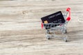 Shopping cart with credit card. Stay home shopping and electronic payment with credit card concept. Small shopping cart with credi Royalty Free Stock Photo