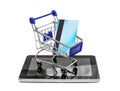 Shopping cart with credit card on tablet PC. Isolated on white. Online shopping concept Royalty Free Stock Photo