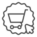 Shopping cart with cursor line icon, black friday concept. Vector graphics. Sticker with trolley and mouse pointer sign