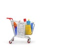 Shopping cart with detergent bottles