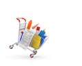 Shopping cart with detergent bottles