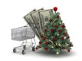 Shopping cart, dollar bills and christmas tree
