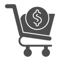 Shopping cart with dollar glyph icon. Market trolley with coin button, money sign. Commerce vector design concept, solid