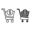 Shopping cart with dollar line and glyph icon. Market trolley with coin button, money sign. Commerce vector design