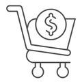 Shopping cart with dollar thin line icon. Market trolley with coin button, money sign. Commerce vector design concept