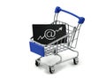 Shopping cart with email symbol in growing up arrow on white background, concept of shopping online Royalty Free Stock Photo