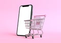 Shopping cart with empty smartphone screen on a pink background