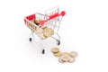 Shopping cart with euro coins falling from it on white background. Conceptual representation of a failure, poverty and