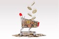 Shopping cart with falling euro coins  - Concept of shopping and economy Royalty Free Stock Photo