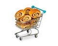 Shopping cart filled with buns.
