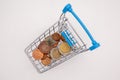 Shopping cart filled with euro coins on a white background Royalty Free Stock Photo