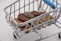 Shopping cart filled with euro coins on a white background Royalty Free Stock Photo