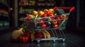 Shopping cart filled with fruits and supermarket shelves in the background, grocery shopping concept, generative ai Royalty Free Stock Photo