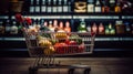 Shopping cart filled with fruits and supermarket shelves in the background, grocery shopping concept, generative ai Royalty Free Stock Photo