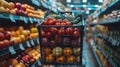 A shopping cart filled with fruits and vegetables in a grocery store, AI Royalty Free Stock Photo