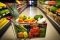 Shopping cart filled with fruits and vegetables in grocery store. Generative AI Royalty Free Stock Photo