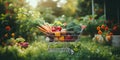 Shopping cart filled with fruits and vegetables growing into a lush garden , concept of Farm to table, created with Royalty Free Stock Photo