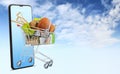 Shopping cart filled with gardening equipment emerges from smartphone, isolated on sky background, gardening web store for online