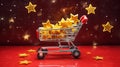 Photo of a shopping cart filled with gold stars on a red surface