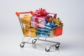 A shopping cart filled to the brim with a myriad of brilliant gifts for a joyous celebration, Presents enveloped in bright