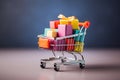 Shopping cart filled with variety color of gift boxes