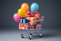 Shopping cart filled with variety color of gift boxes