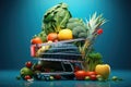 Shopping cart filled with variety of fresh and colorful fruits and vegetables. Royalty Free Stock Photo