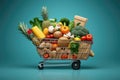 Shopping cart filled with variety of fresh fruits and vegetables. Royalty Free Stock Photo