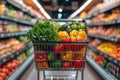 Shopping cart filled with vegetables and fruits. Generative AI Royalty Free Stock Photo